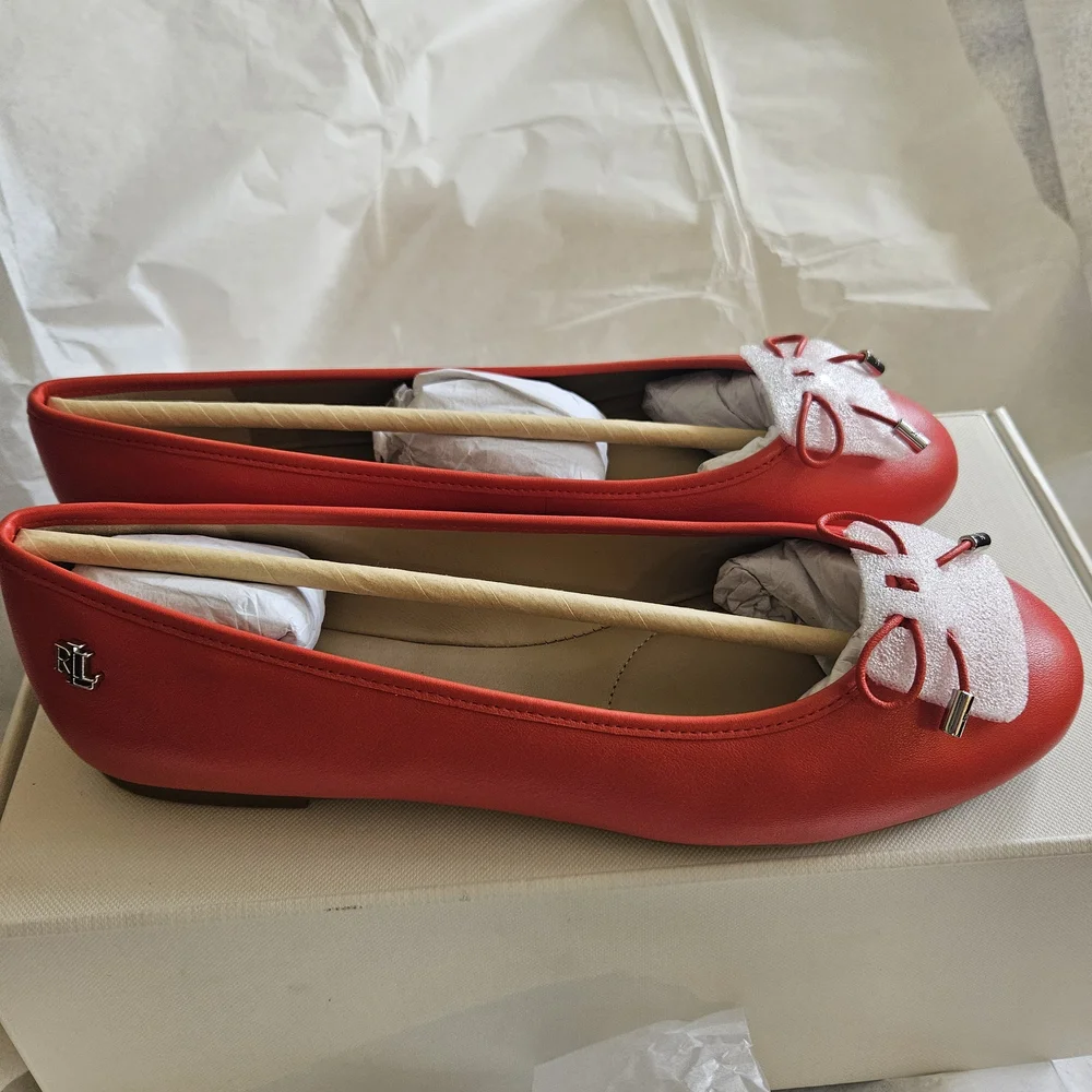 Lauren Ralph Lauren Jayna Red Leather Ballet Flats with Bow Detail - Picture 2 of 6